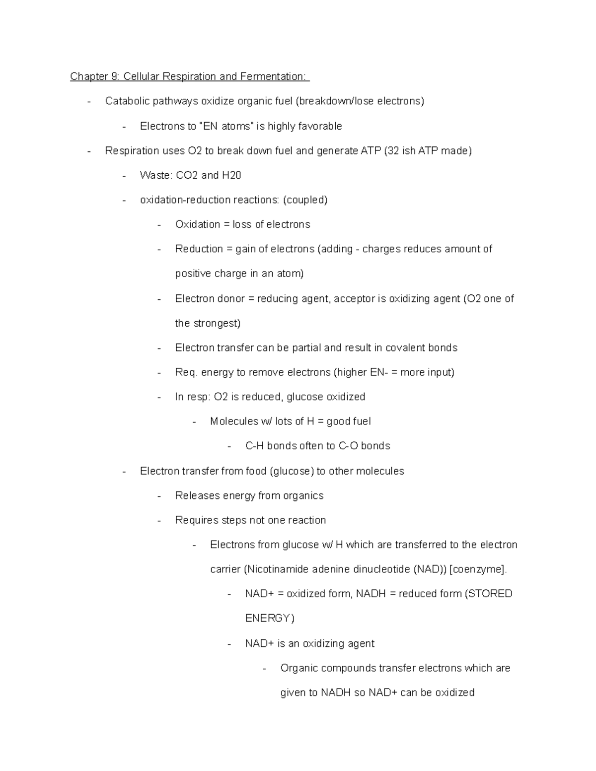 Textbook chapter notes for BIO 2912 midterm 3 - Chapter 9: Cellular ...