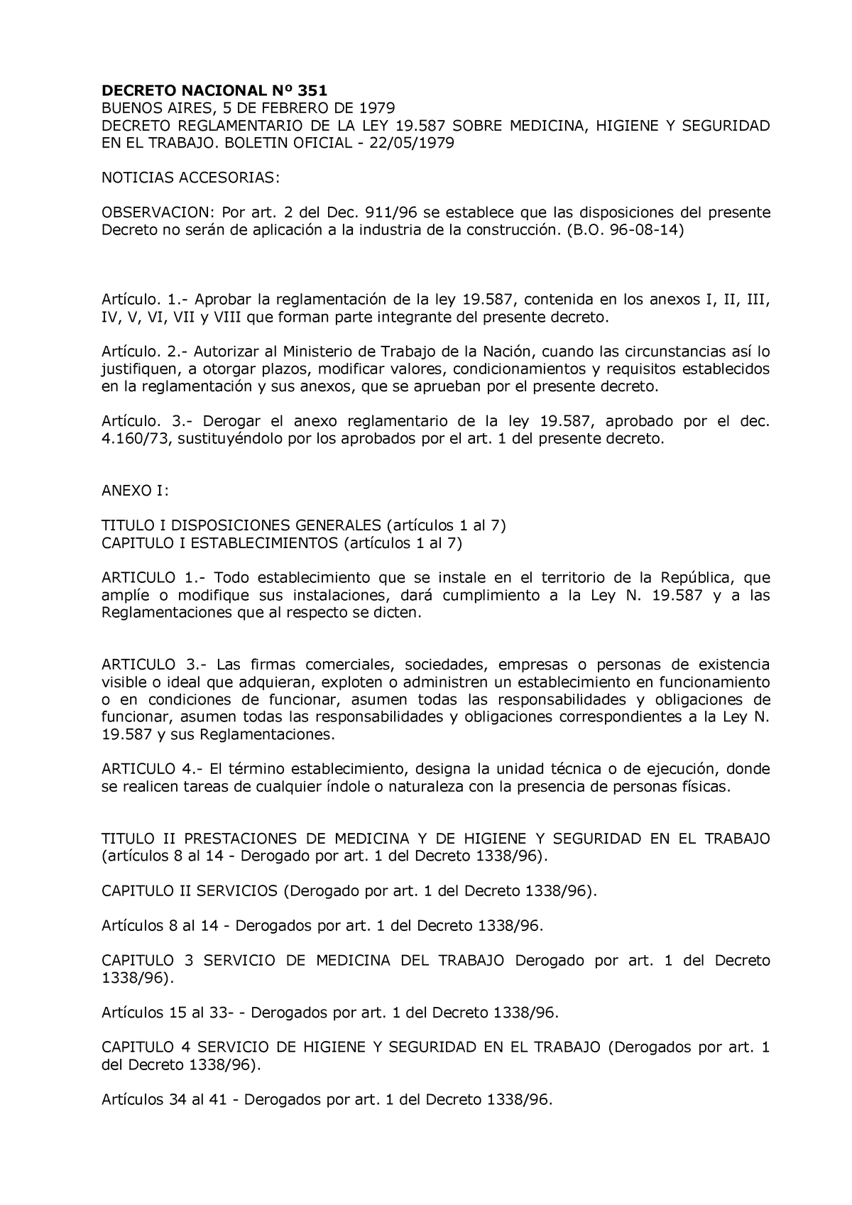 Resumen Decreto 351-79 - DECRETO NACIONAL 351 BUENOS AIRES, 5 DE ...