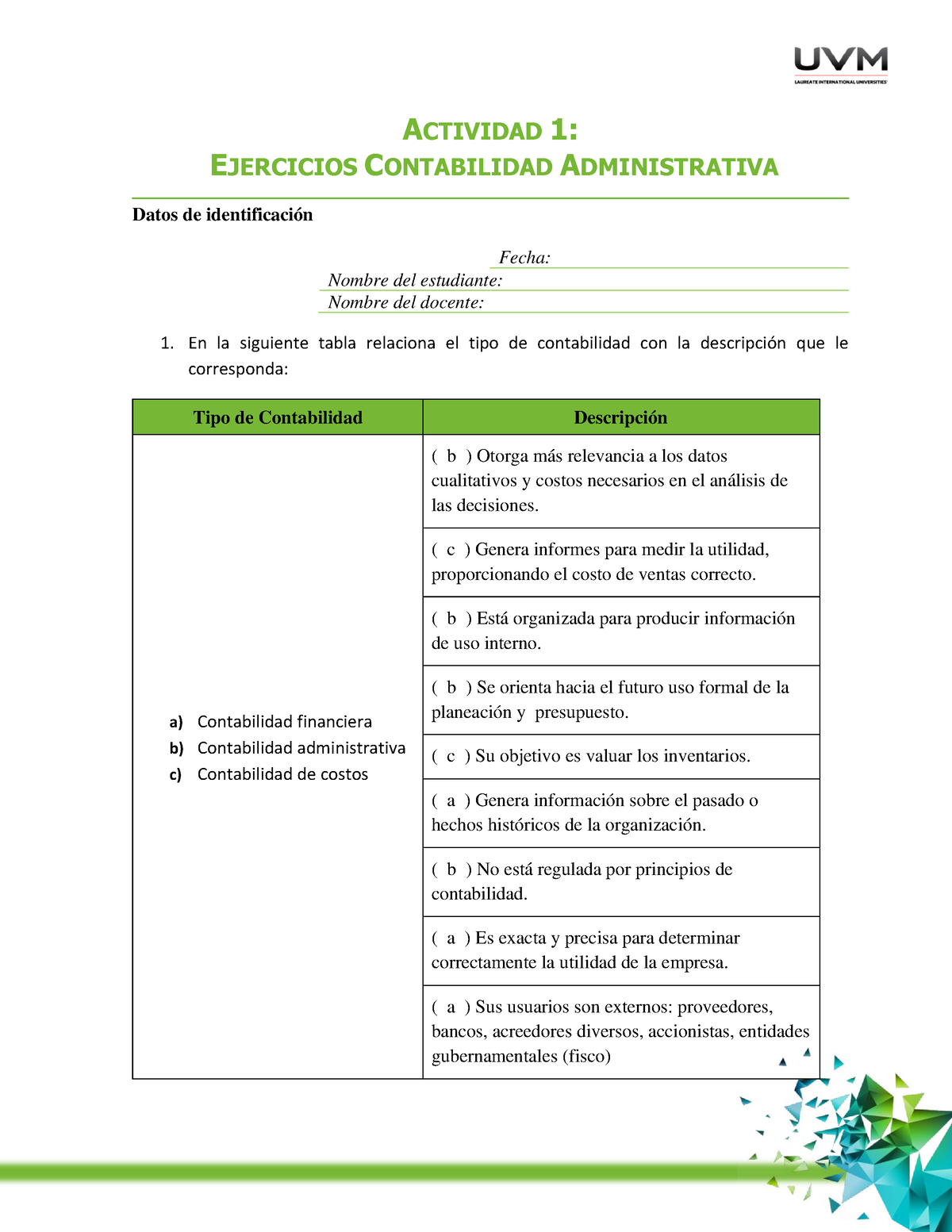 ACT#1 - Ejercicios De Contabilidad Administrativa, Con La Descripción ...