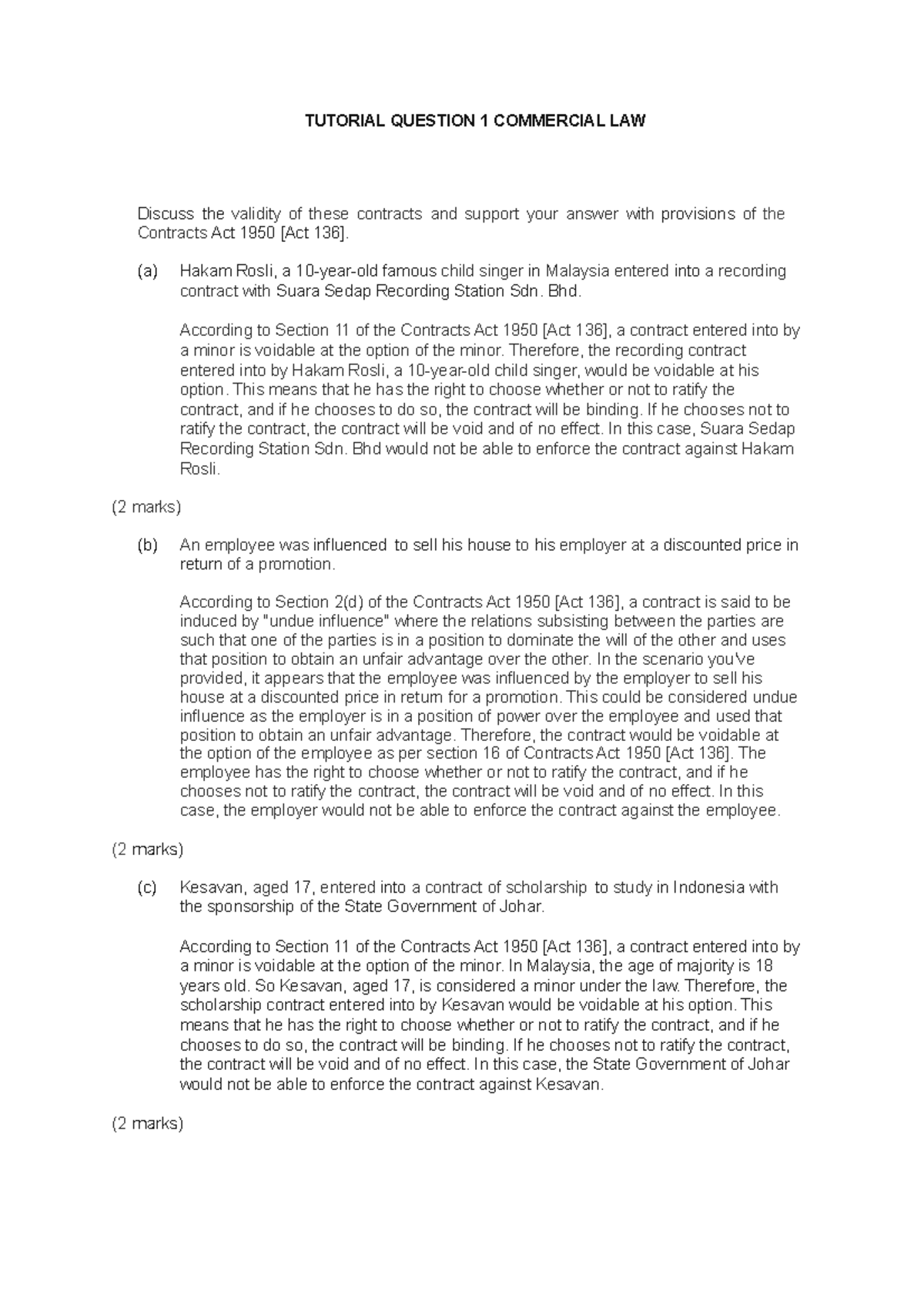 Tutorial Question 1 Commercial LAW - TUTORIAL QUESTION 1 COMMERCIAL LAW ...