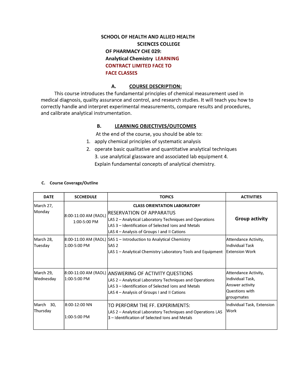 CHE 029 Analytical Chemistry Learning Contract Bsmls PDF - SCHOOL OF ...