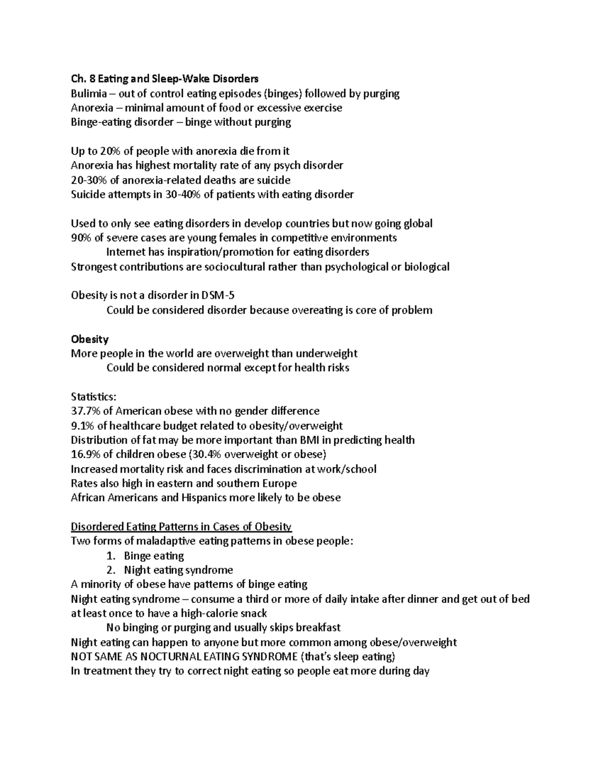 Ch 8 notes - lecture 8 - Ch. 8 Eating and Sleep-Wake Disorders Bulimia ...