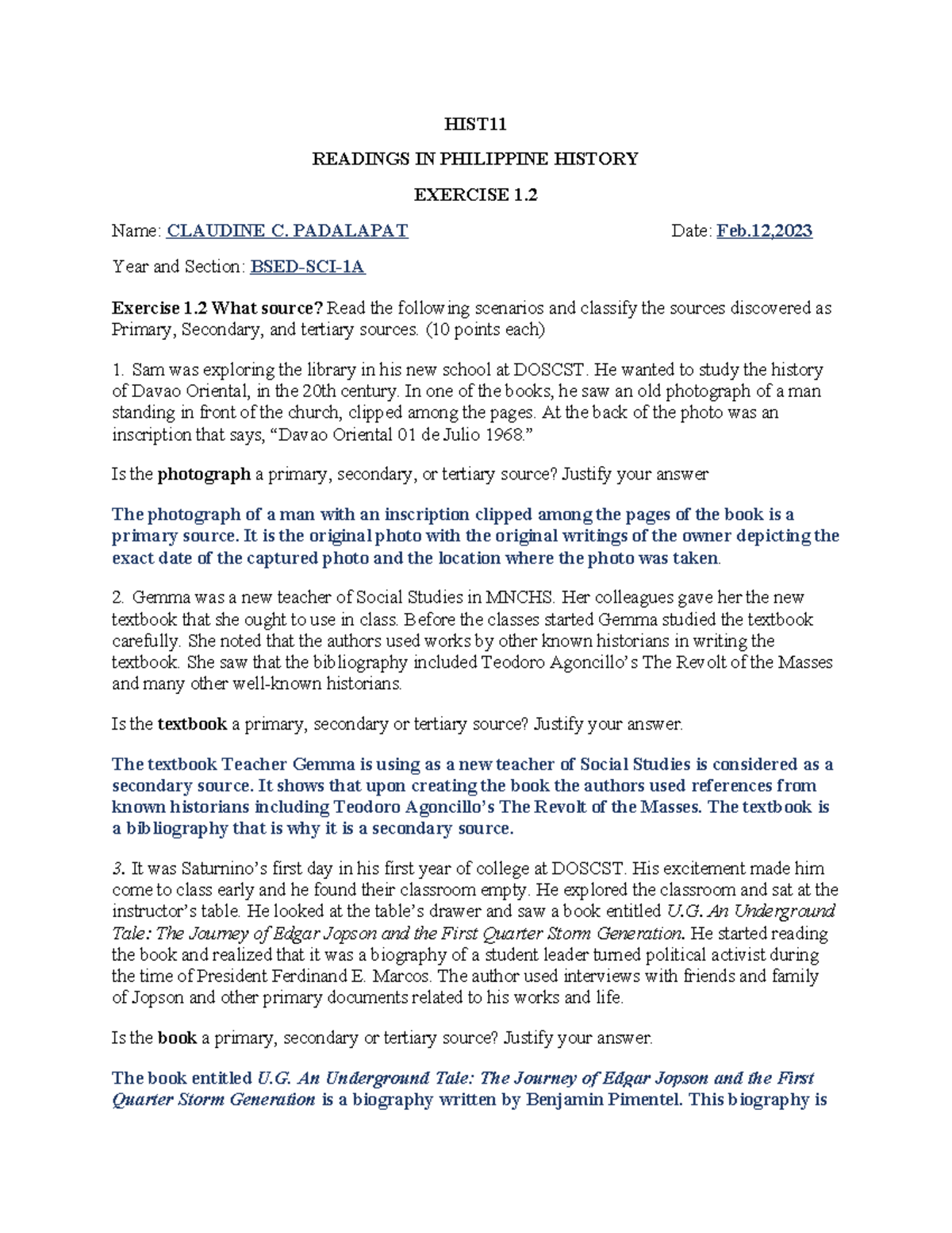 HIST11 exercise 1.2 - HIST READINGS IN PHILIPPINE HISTORY EXERCISE 1 ...