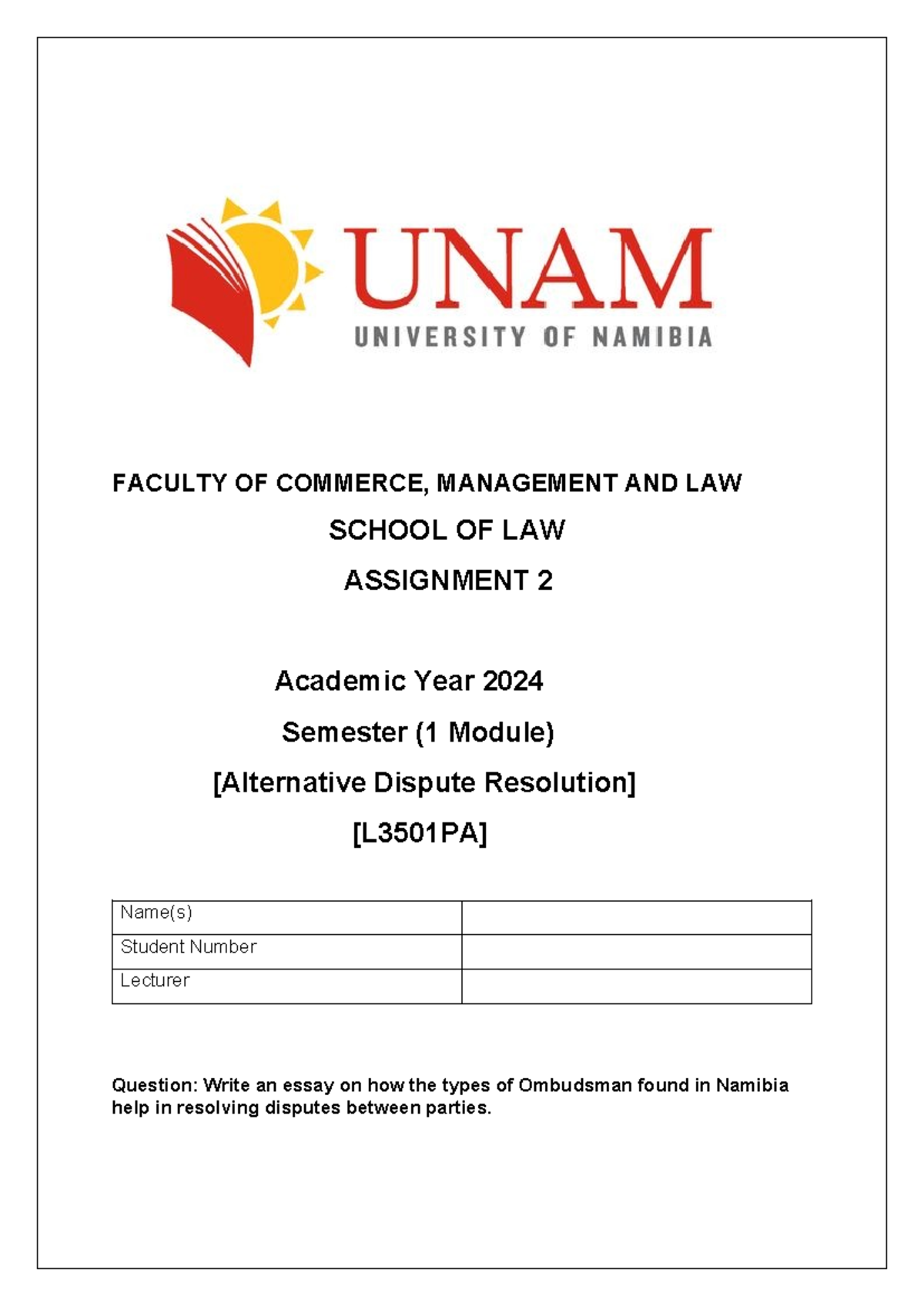 Alternative 2 - Copy - FACULTY OF COMMERCE, MANAGEMENT AND LAW SCHOOL ...