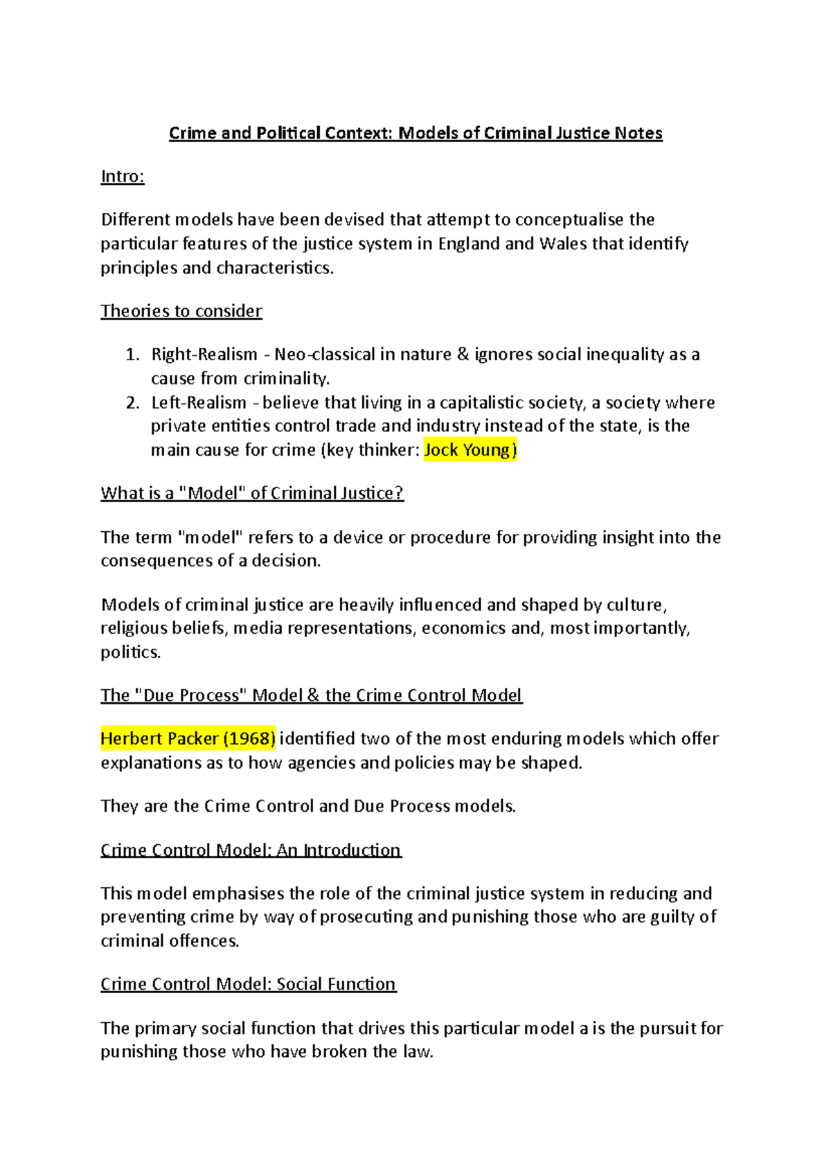 Models Of Criminal Justice Lecture Notes - Crime And Political Context ...