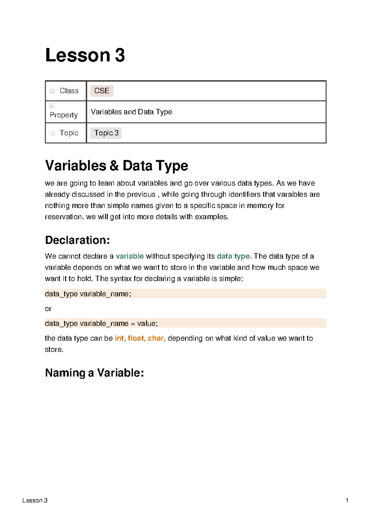 Variables and Data Type of C programming Lesson 3 - Computer ...