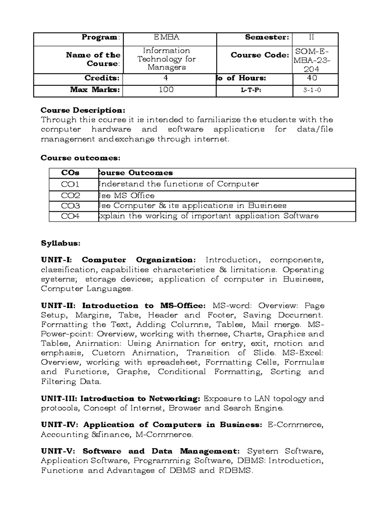 ITM E MBA - Program : EMBA Semester: II Name of the Course ...