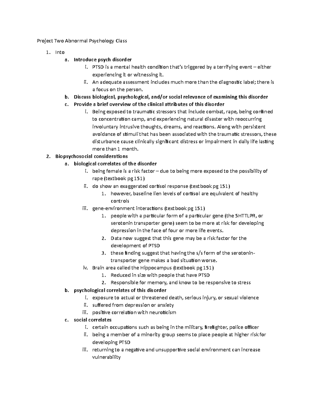 Project Two Abnormal Psychology Class Outline - Project Two Abnormal ...