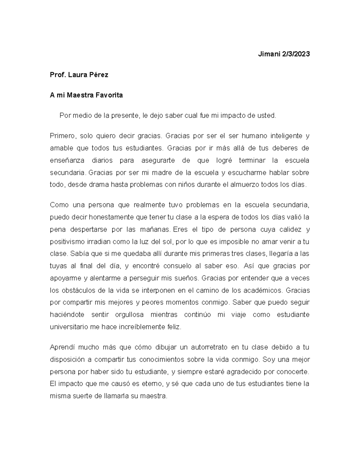 Carta DE Impacto A Maestra - Jimani 2/3/ Prof. Laura Pérez A mi Maestra ...