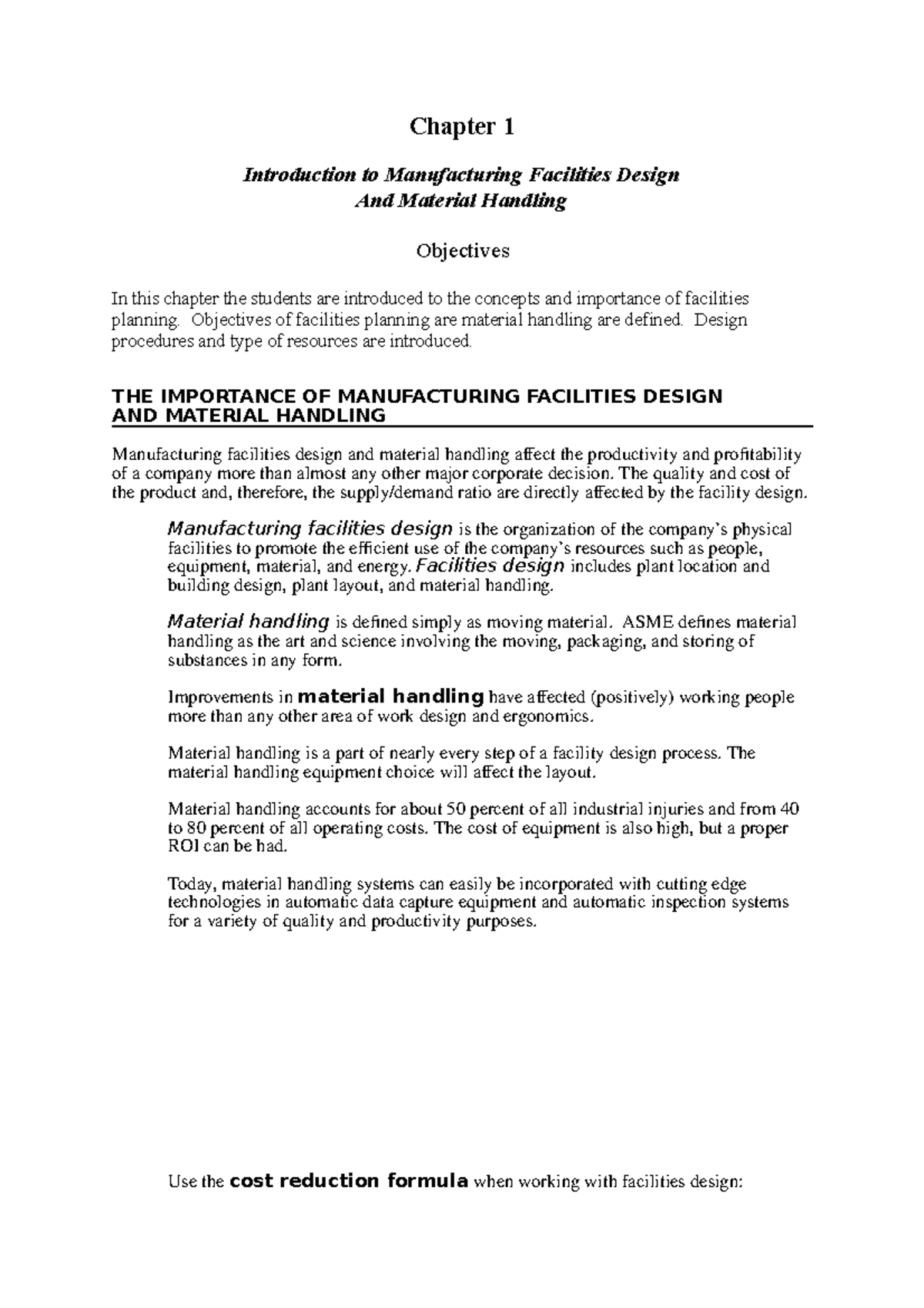 Chapter 1 Chapter 1 Introduction to Manufacturing Facilities Design