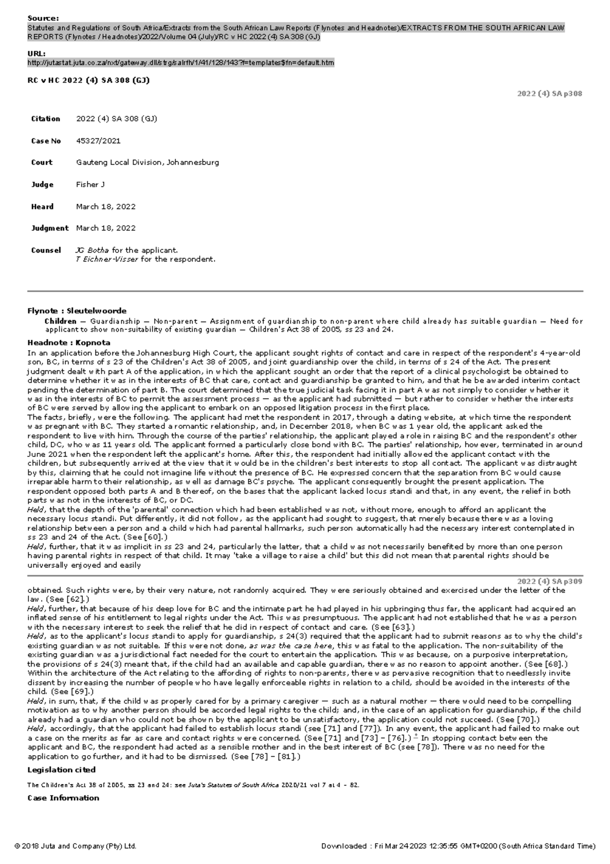 RC v HC 2022 (4) SA 308 (GJ) family law tut 2 - Source: Statutes and ...
