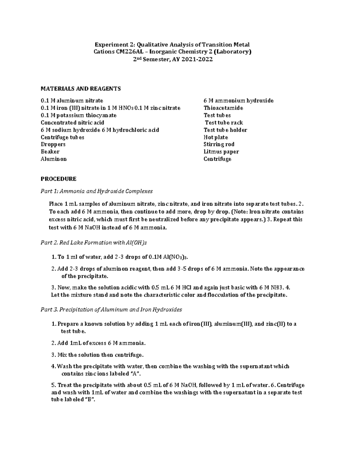 qualitative analysis transition metal experiment