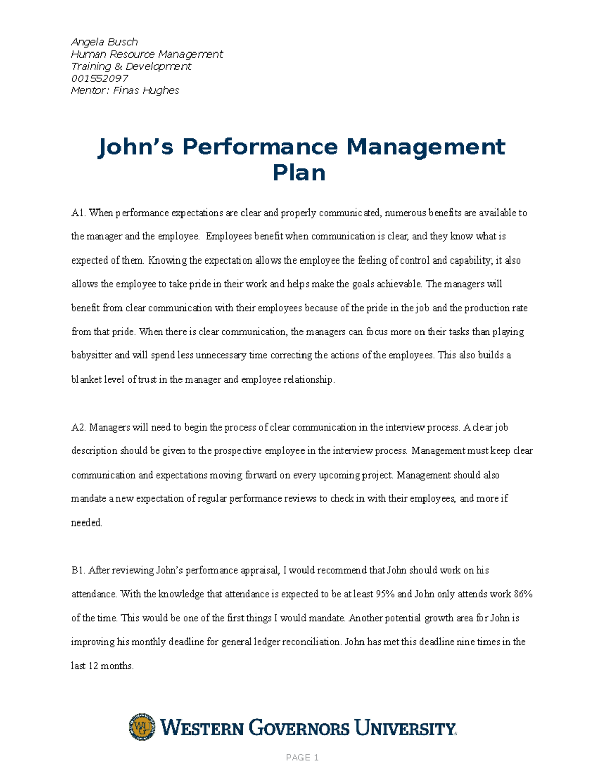 C235 Task 2 Johns Performance - Angela Busch Human Resource Management ...