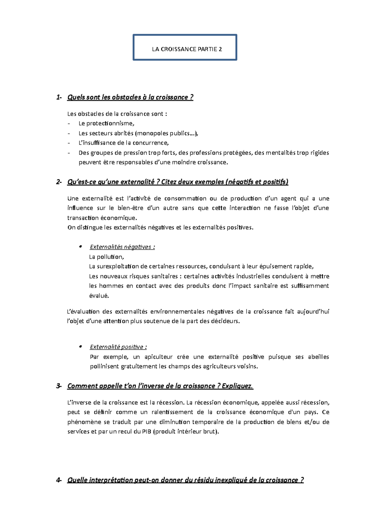LA Croissance Partie 2 - Notes de cours 1 - LA CROISSANCE PARTIE 2 1 ...