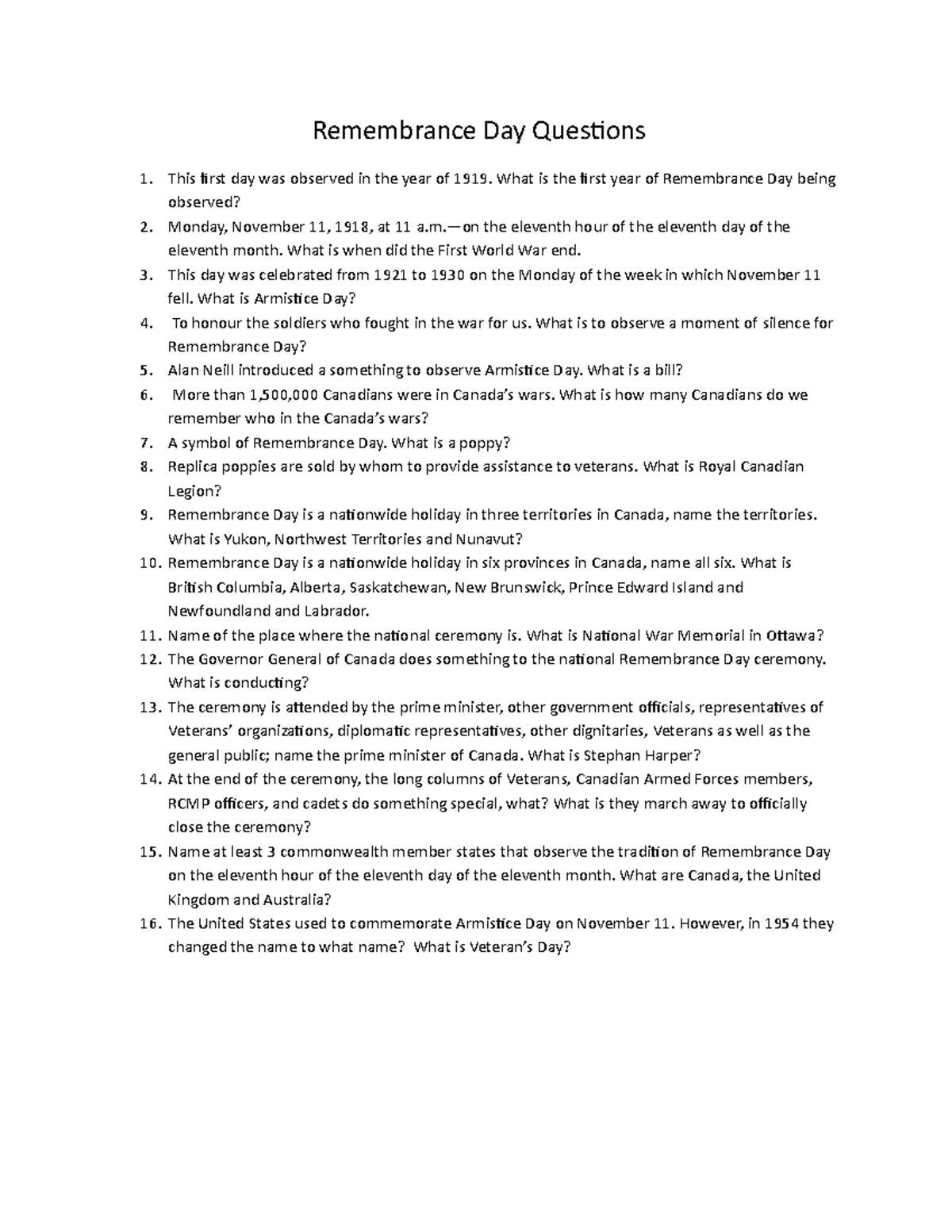 Remembrance Day - Study Guide - Remembrance Day Questions This first ...