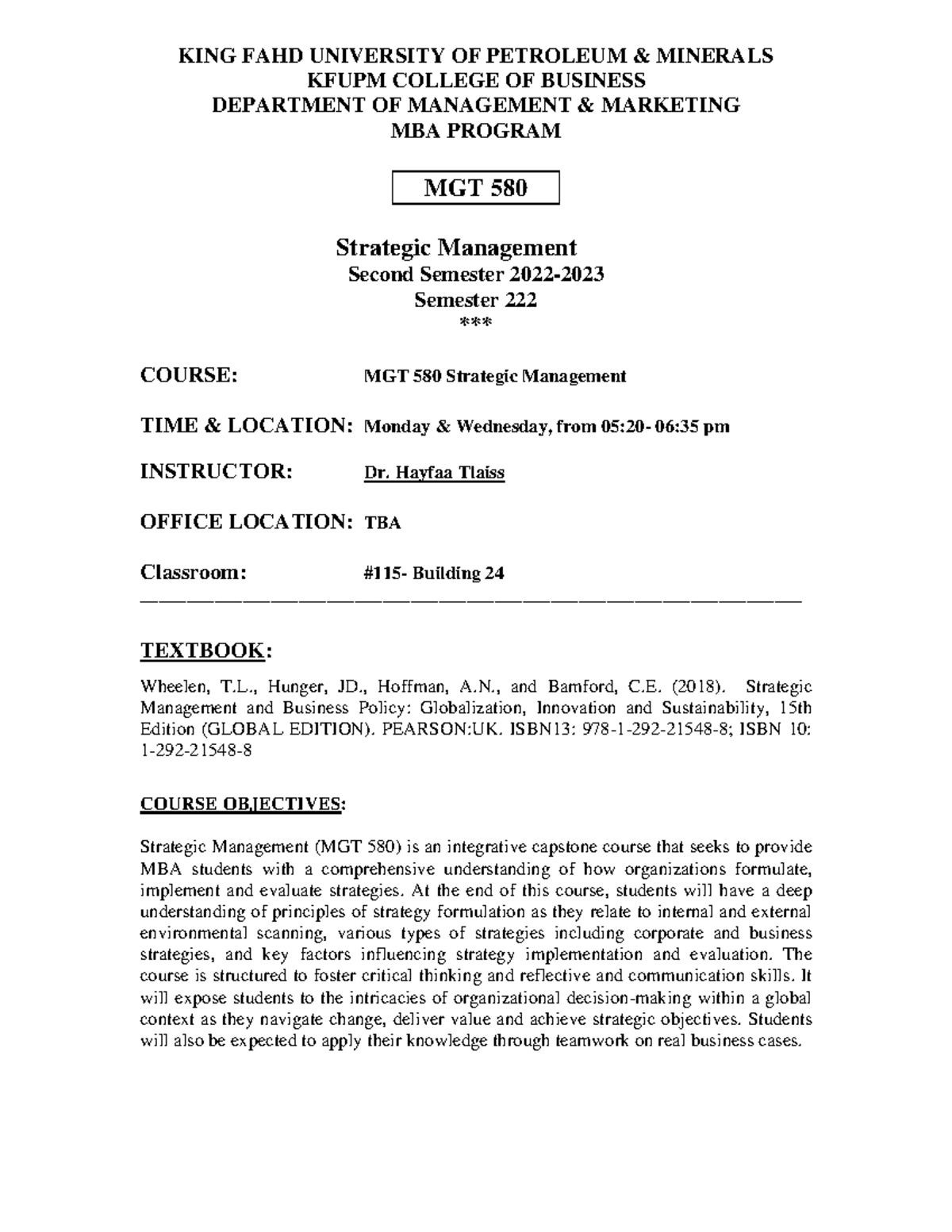 Mgt 580 222 Tentative Syllabus King Fahd University Of Petroleum Mgt 580 222 Tentative Syllabus King Fahd University Of Petroleum