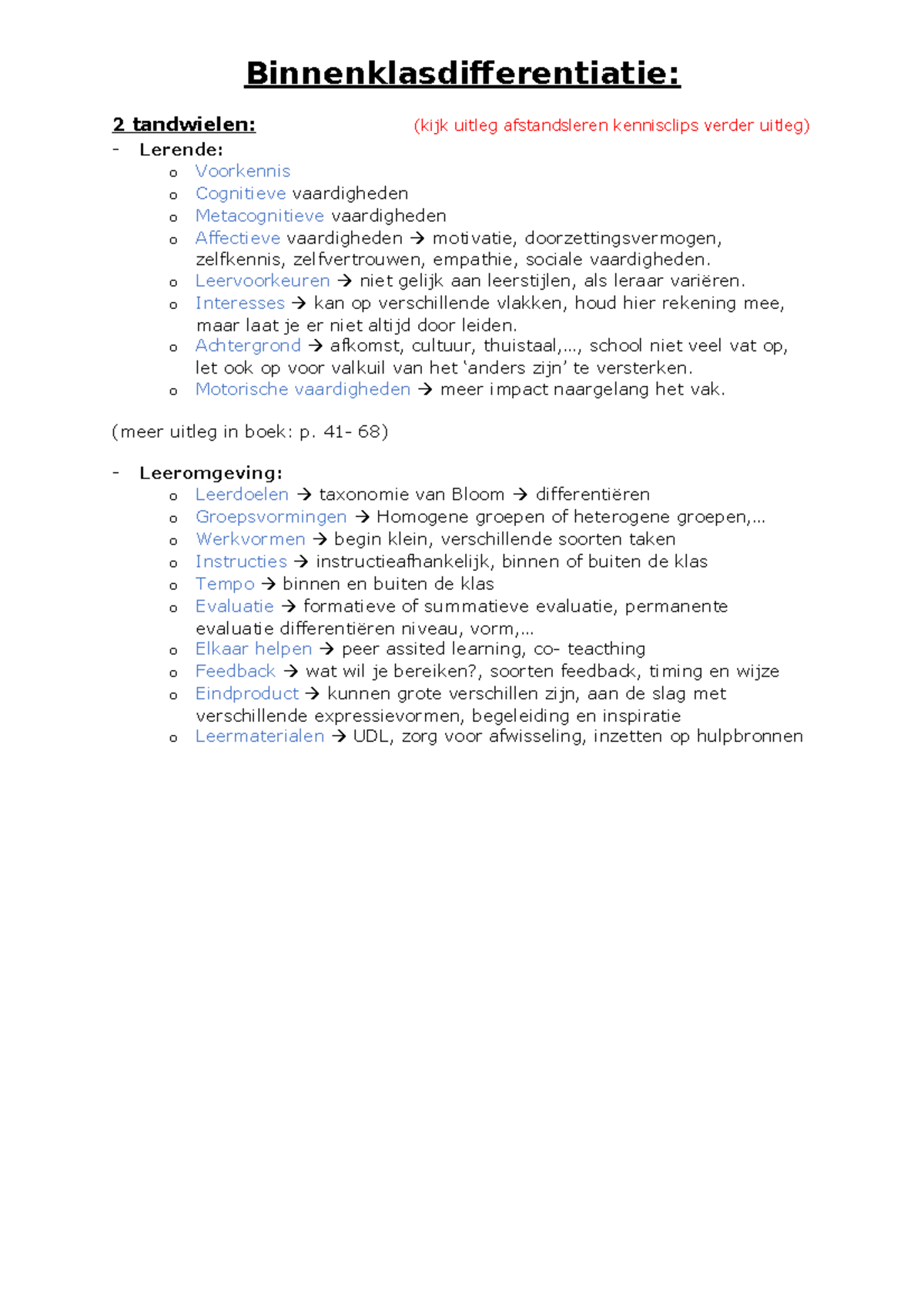 Korte Samenvatting BKD - Binnenklasdifferentiatie: 2 Tandwielen: (kijk ...