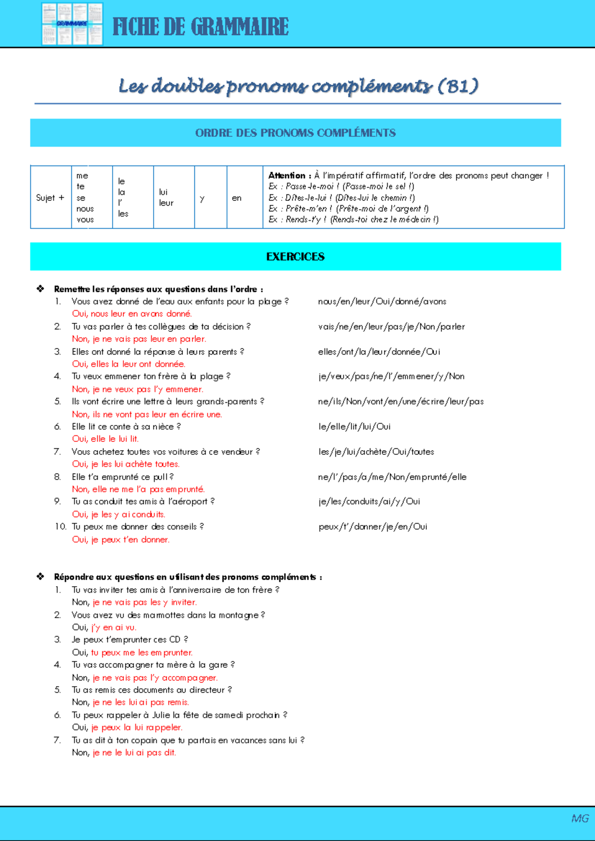 Double pronoms corrigés - FICHE DE GRAMMAIRE MG Les doubles pronoms ...