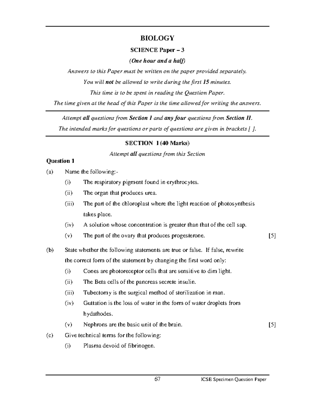 ICSE Biology Question Paper - BIOLOGY SCIENCE Paper – 3 (One Hour And A ...