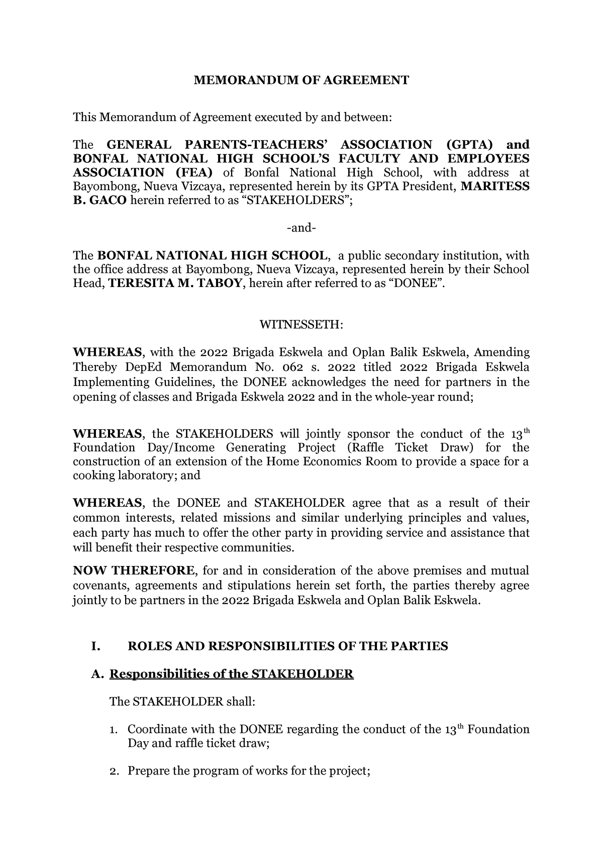 MOA for IGP - Memorandum of agreement for IGP - MEMORANDUM OF AGREEMENT ...