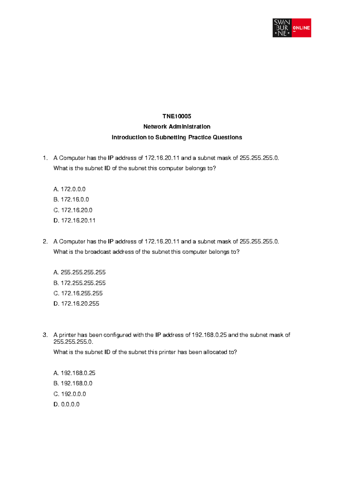 Introduction to subnetting practice questions - TNE Network ...