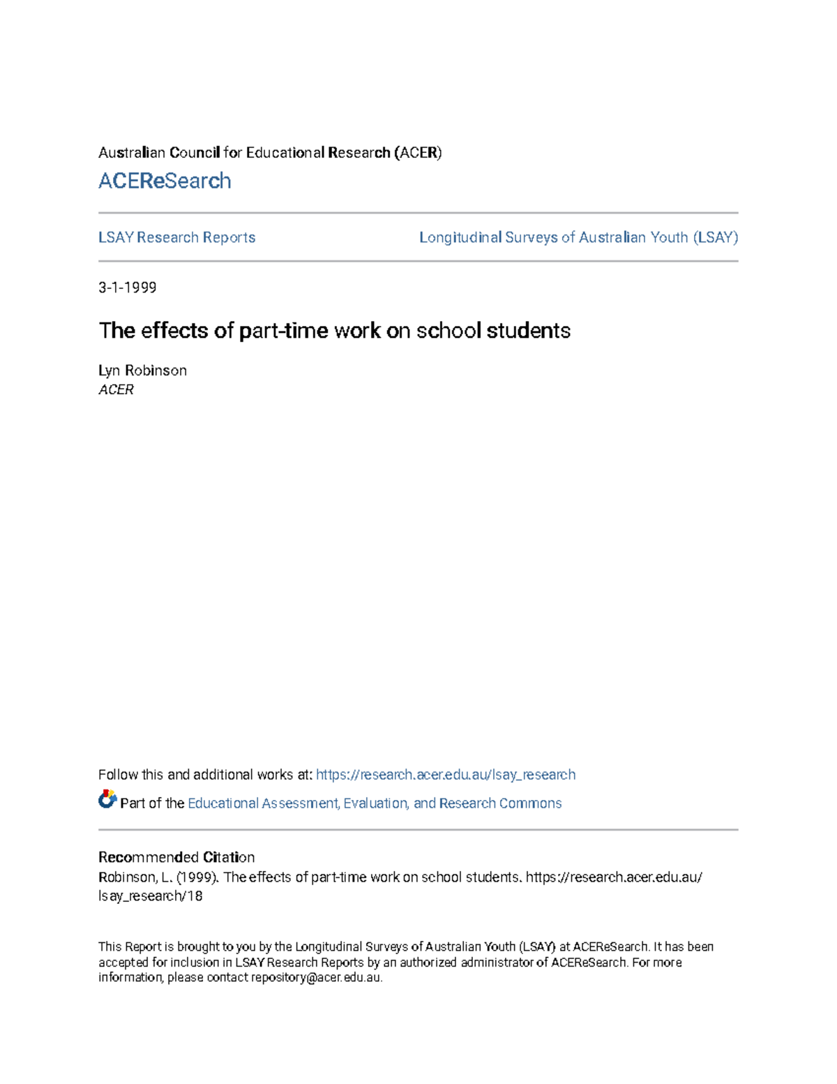 The effects of part time work on school students - Australian Council ...