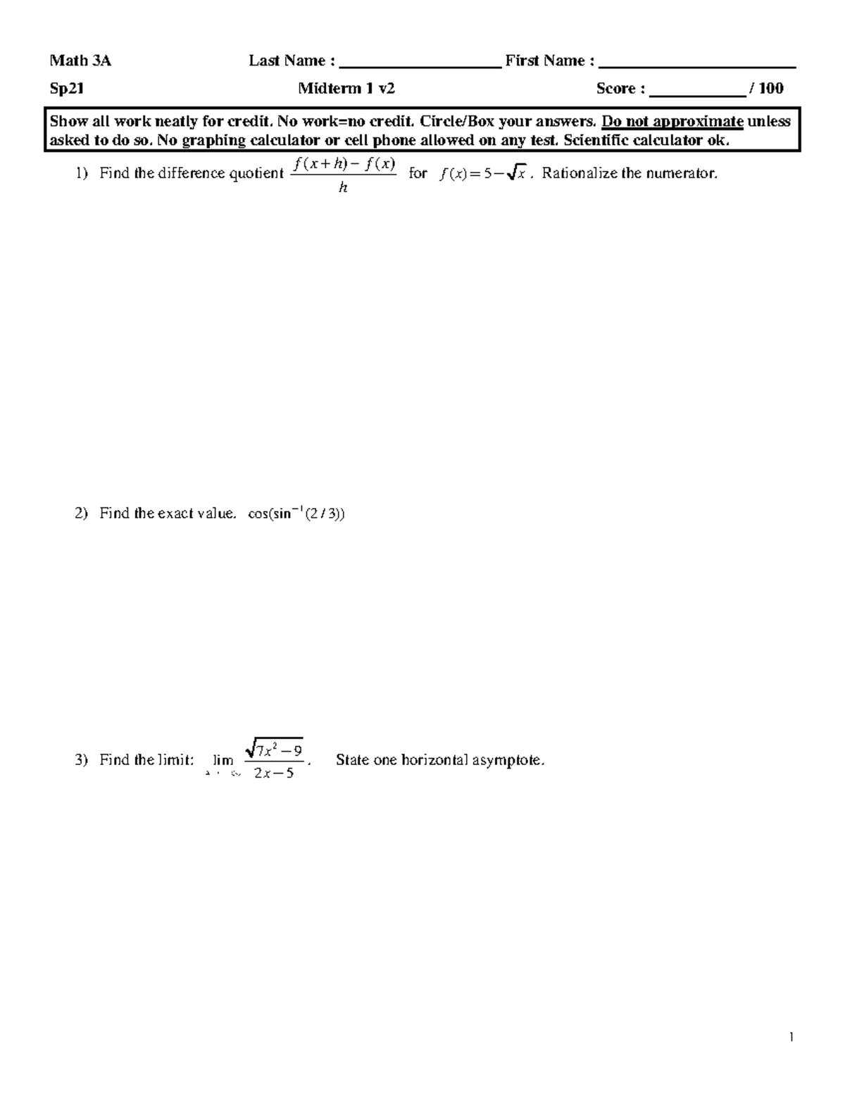 20210318194413 math 3a sp21 m1 v2 - Math 3A Last Name : First Name ...