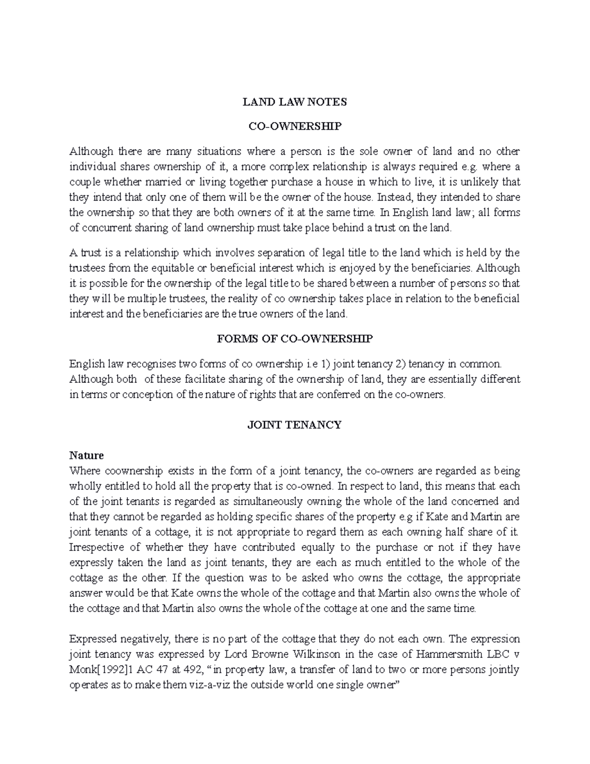 LAND LAW 2 Notes - LAND LAW NOTES CO-OWNERSHIP Although there are many ...