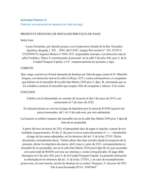 Elaborar una demanda de desalojo por falta de pago - Actividad Práctica V:  Elaborar una demanda de - Studocu