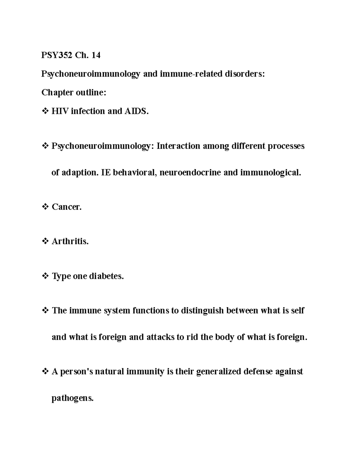 PSY352 Ch 14 outline - chapter 14 - PSY352 Ch. 14 Psychoneuroimmunology ...