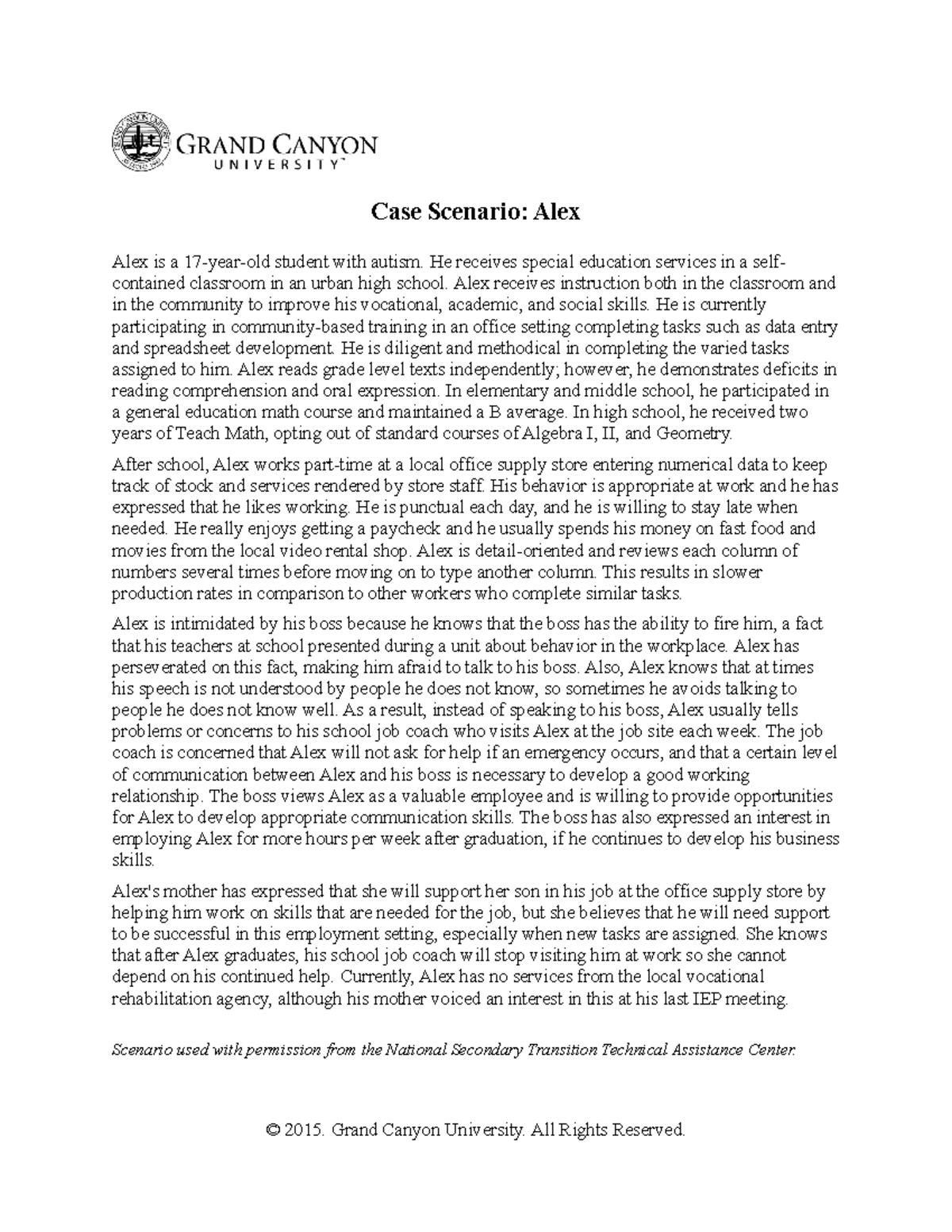 SPD 550 RS Case Scenario Alex - Case Scenario: Alex Alex is a 17-year ...