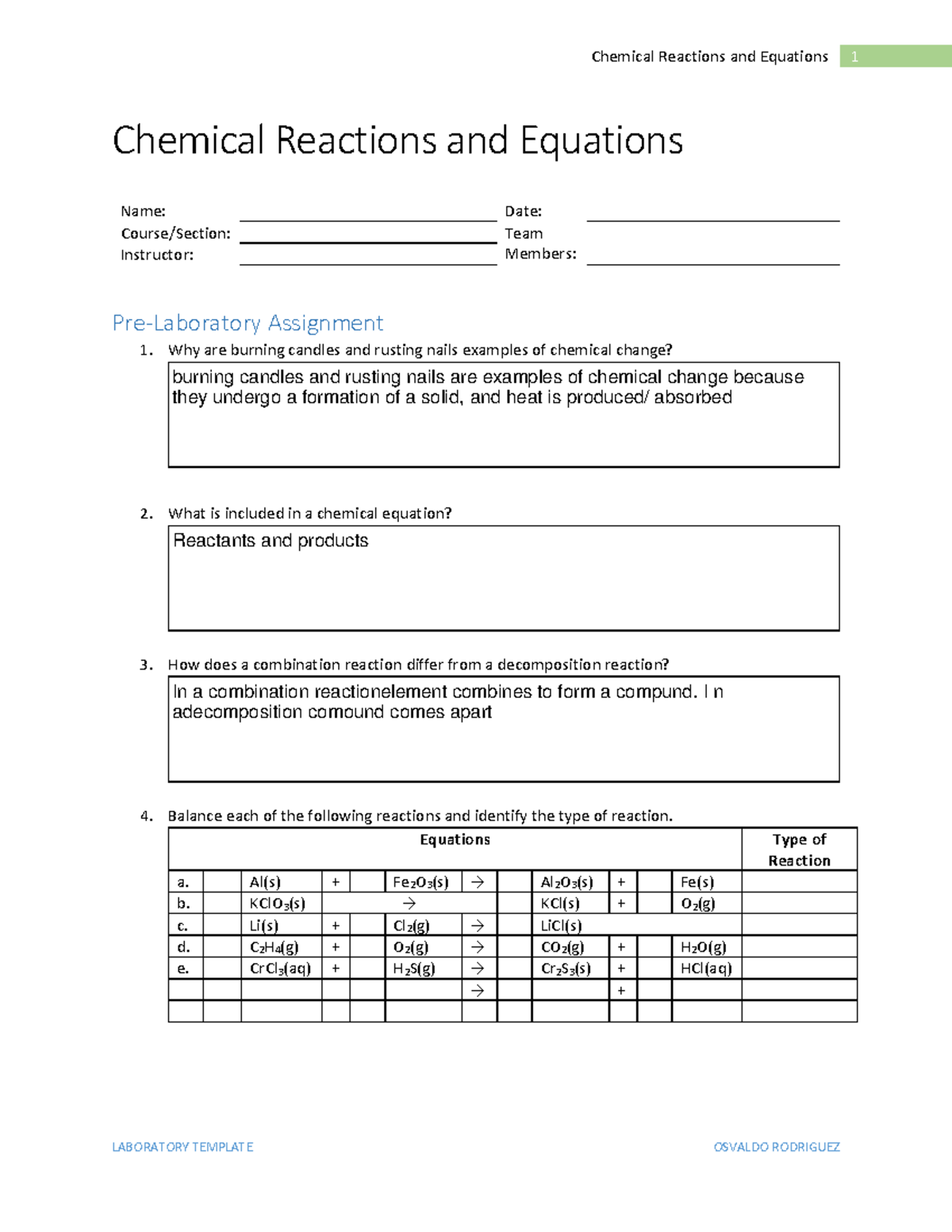 Chemical Equataions Lab Report - Chemical Reactions and Equations Name ...