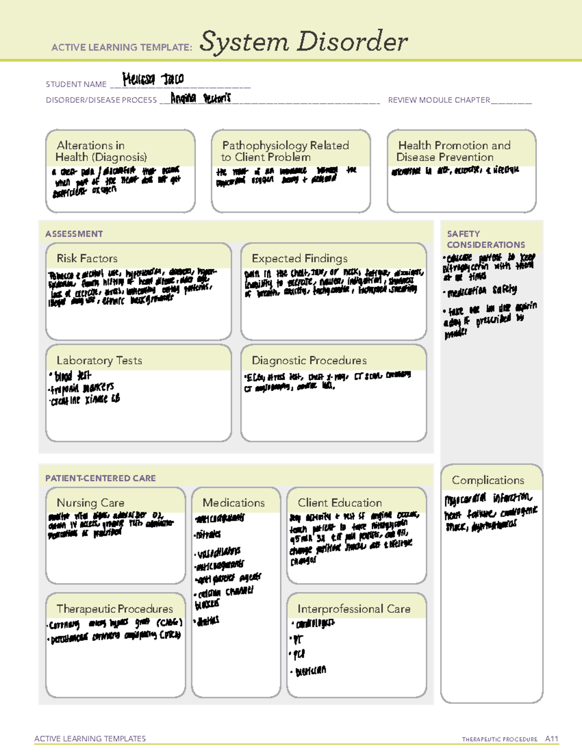 Angina Pectoris System Disorder Active Learning Templates Therapeutic