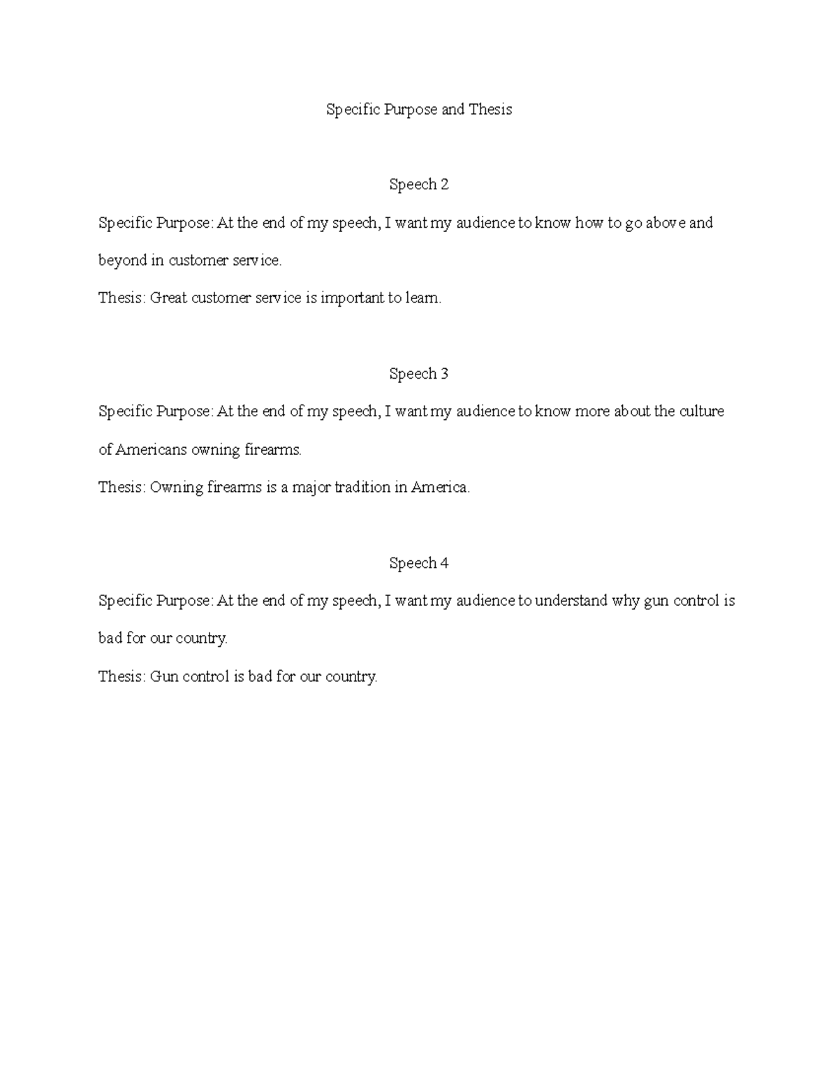 Specific Purpose and Thesis for speeches 2, 3 and 4 Specific Purpose