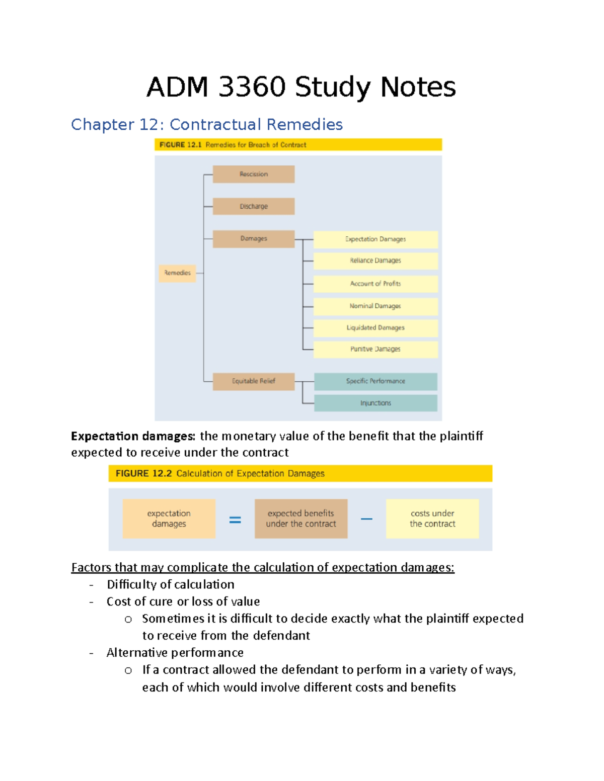 Adm 3360 Chapter 12 Notes Adm 3360 Study Notes Chapter 12 Contractual Remedies Expectation Adm 3360 Chapter 12 Notes Adm 3360 Study Notes Chapter 12 Contractual Remedies Expectation