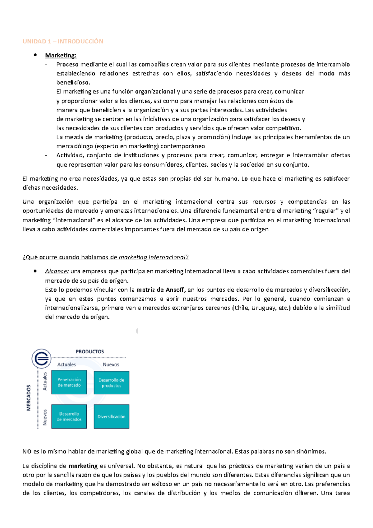 Resumen Marketing Global - UNIDAD 1 – INTRODUCCIÓN Marketing: - Proceso ...