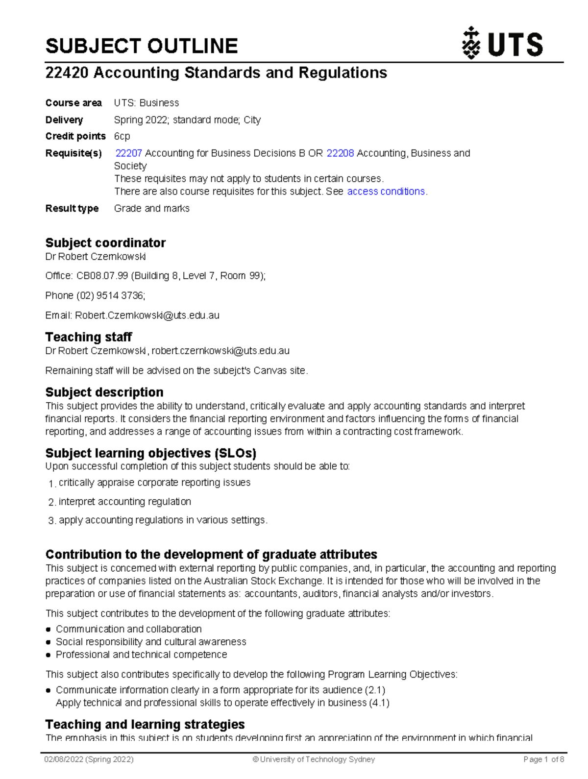 ASR Subject Outline - SUBJECT OUTLINE 22420 Accounting Standards and ...