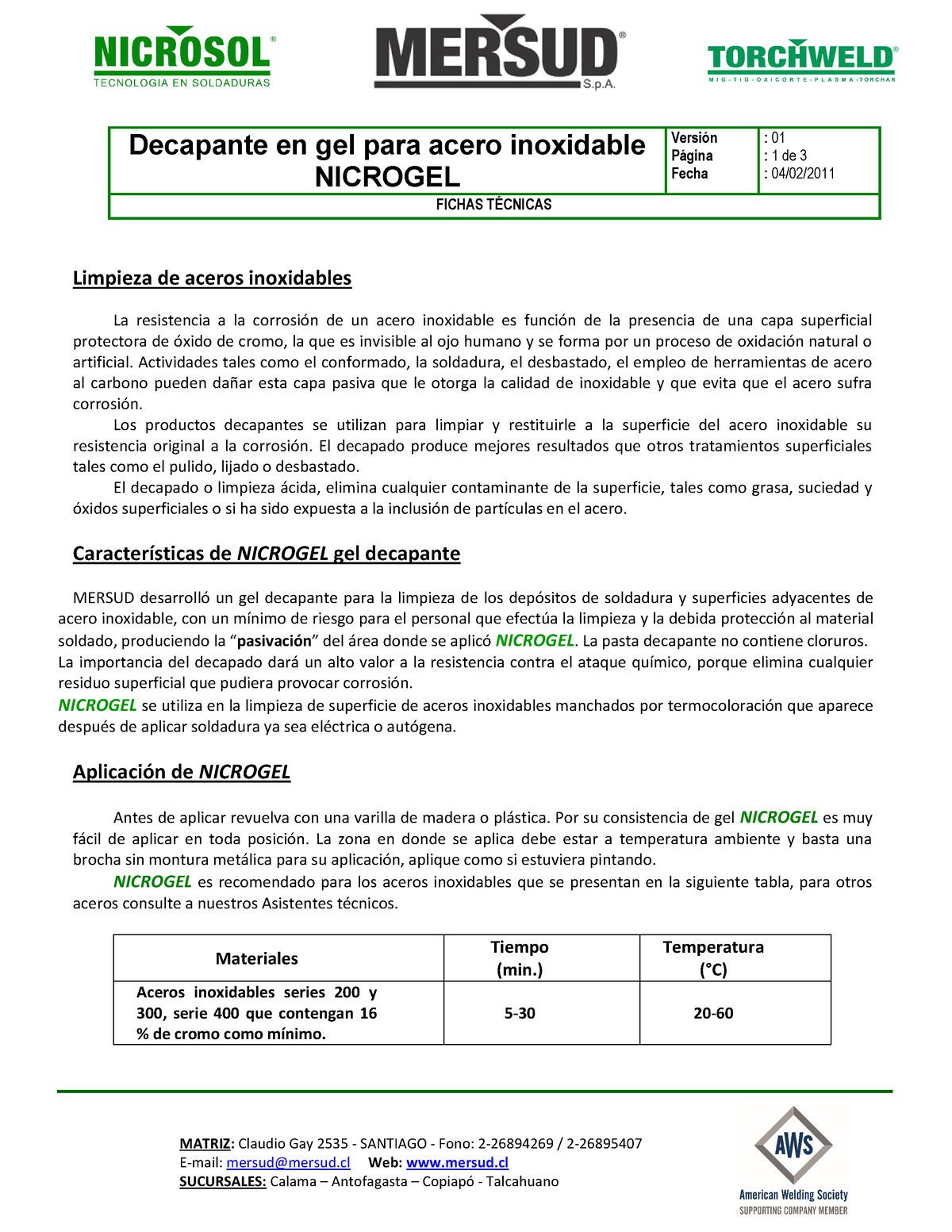 Ficha Tecnica Nicrogel Decapante en gel para acero inoxidable NICROGEL Versión Página Fecha