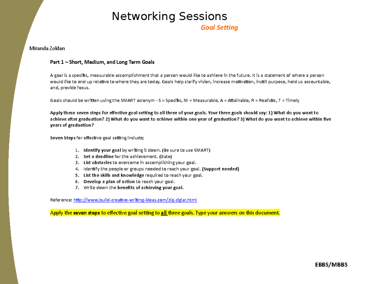 Goal Setting and elevator pitch - Miranda Zoldan Part 1 – Short, Medium ...