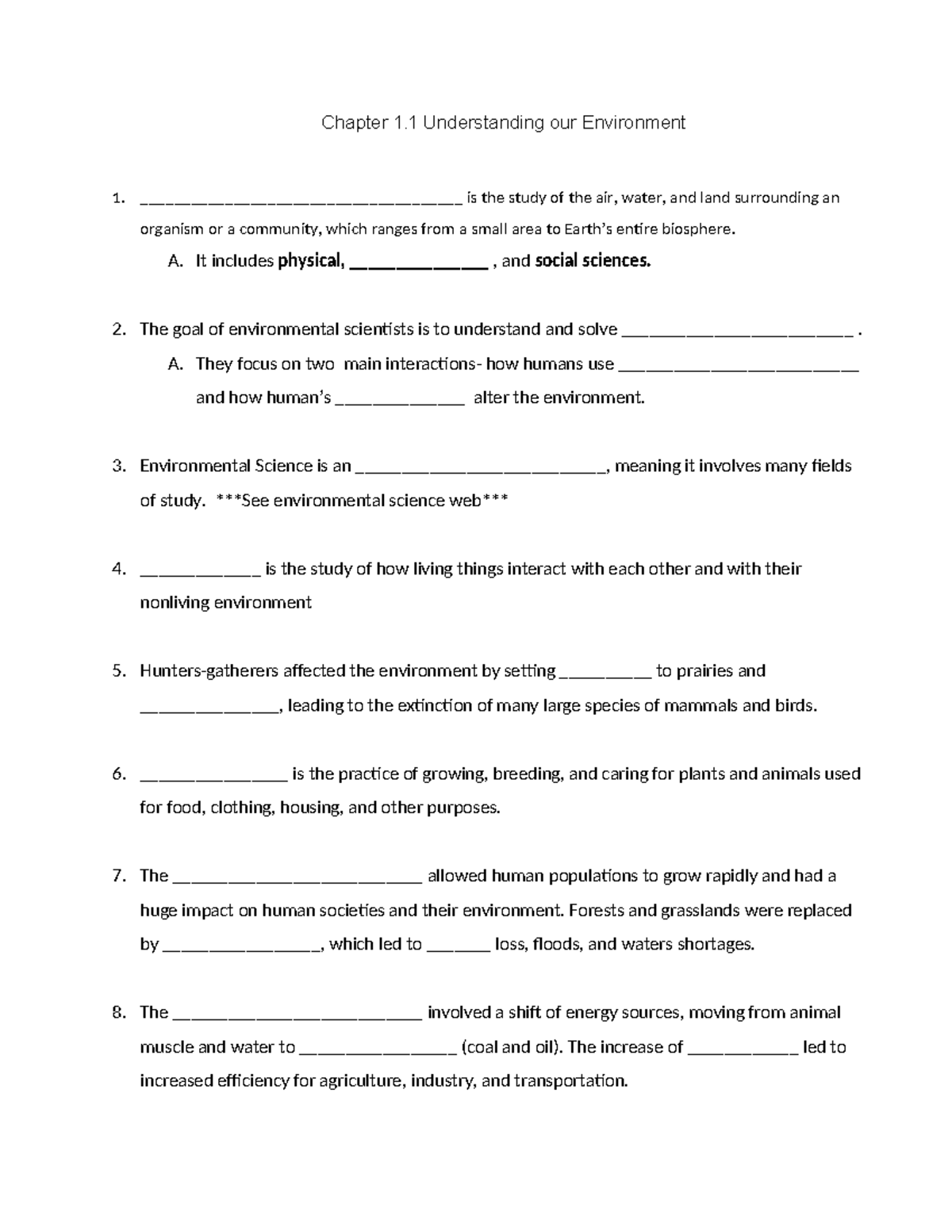 ES 1.1 Class notes - Chapter 1 Understanding our Environment