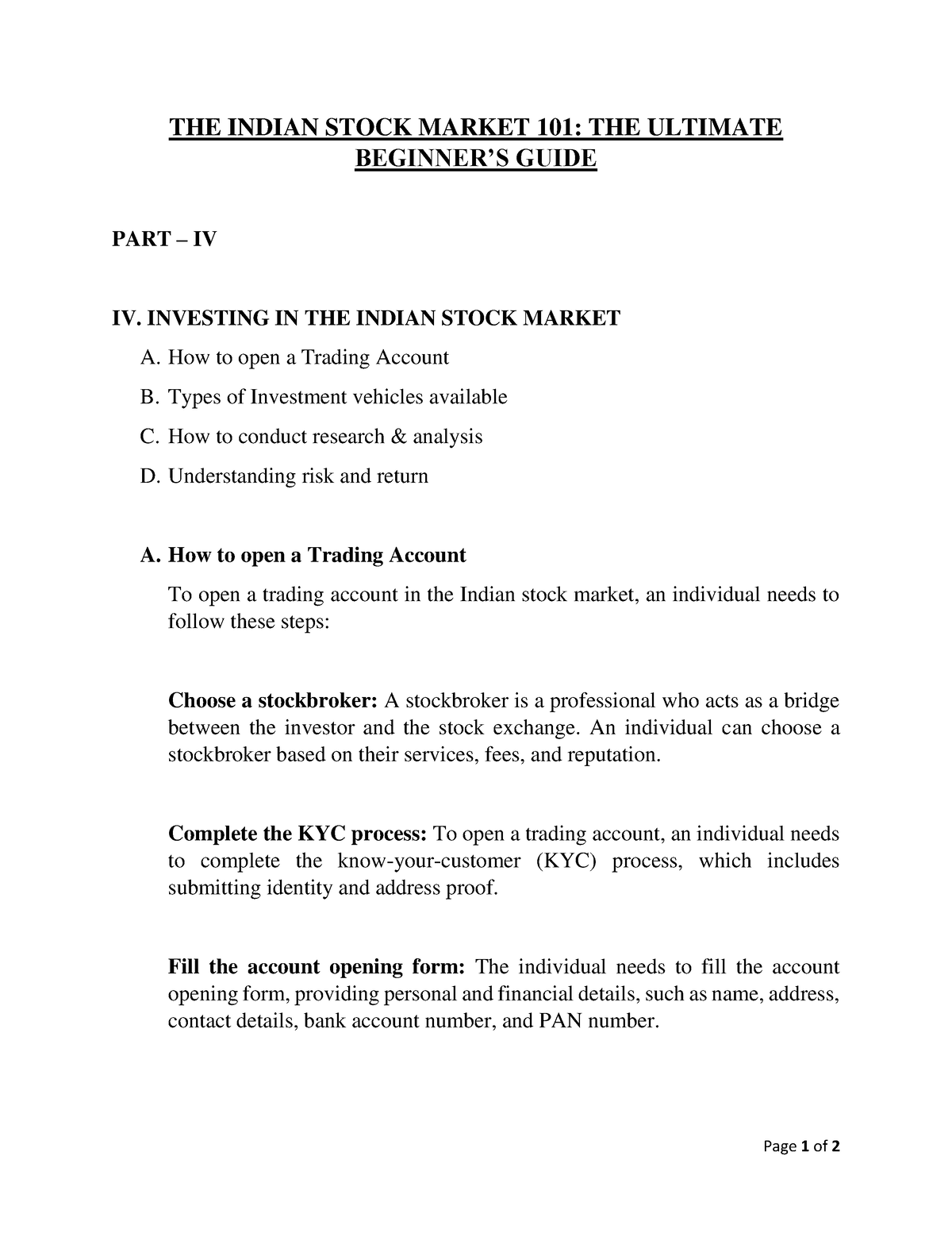 Investing in the Indian Stock Market Part IV A Page 1 of 2 THE