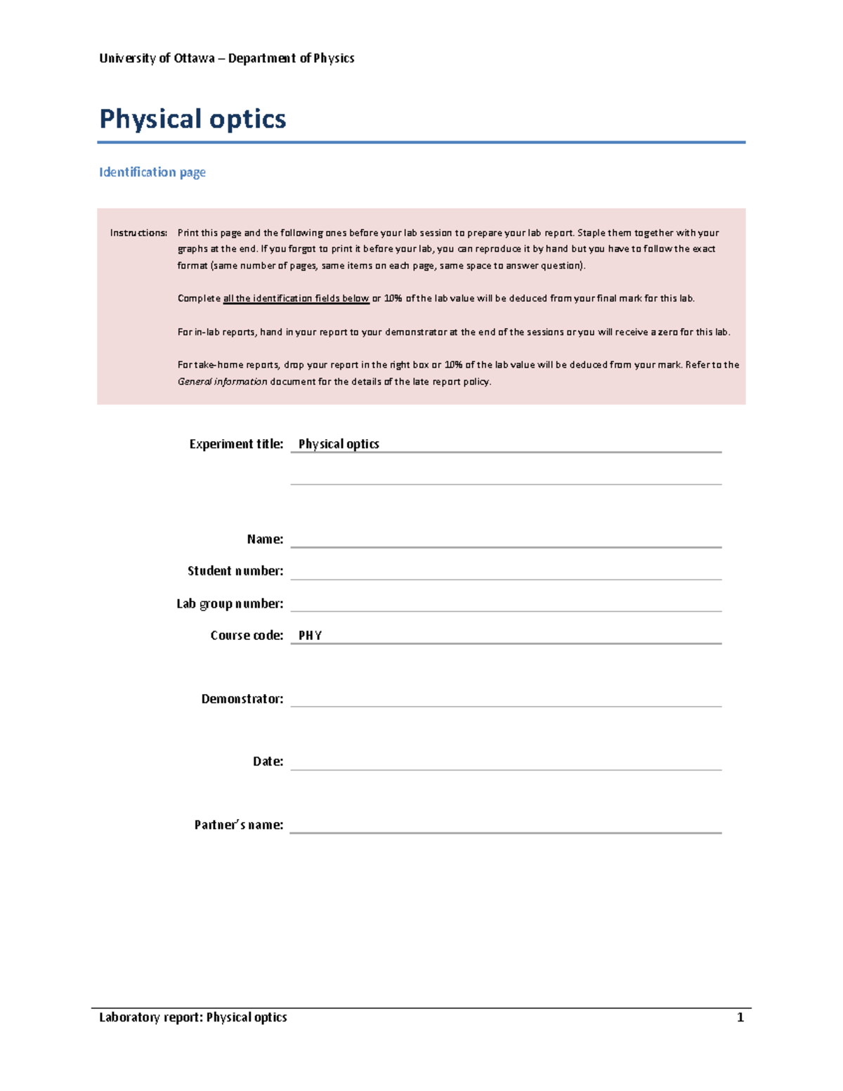 Physical optics - Report - Physical optics Identification page ...
