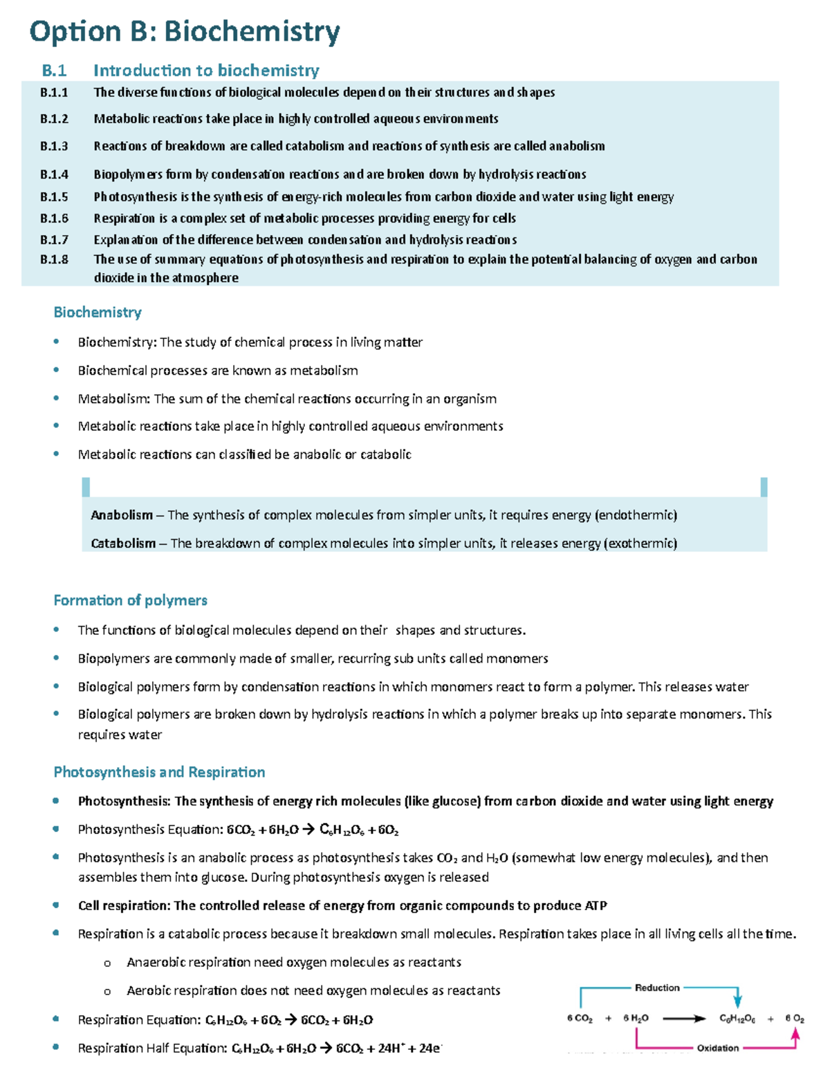 B - Chem Notes - Option B: Biochemistry B Introduction To Biochemistry ...