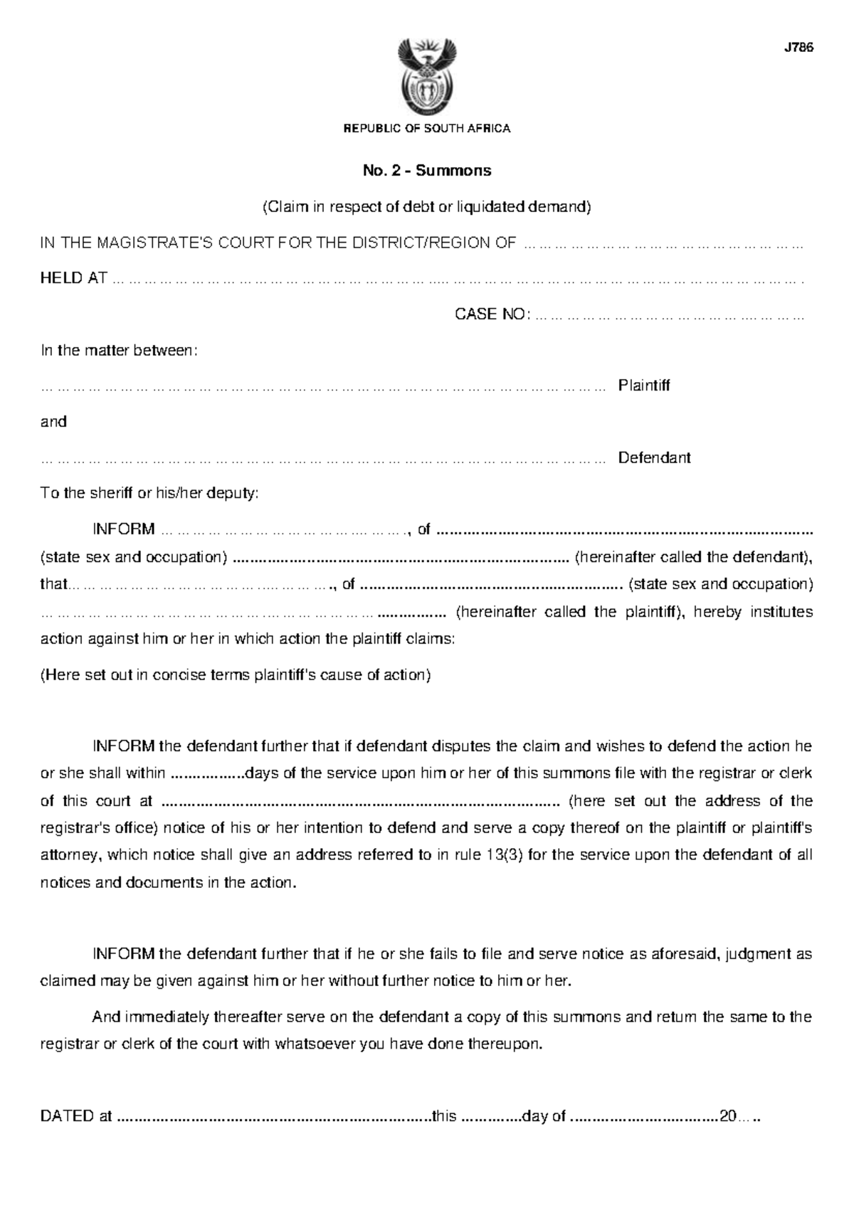 J786-form02 - Summons - REPUBLIC OF SOUTH AFRICA No. 2 - Summons (Claim ...