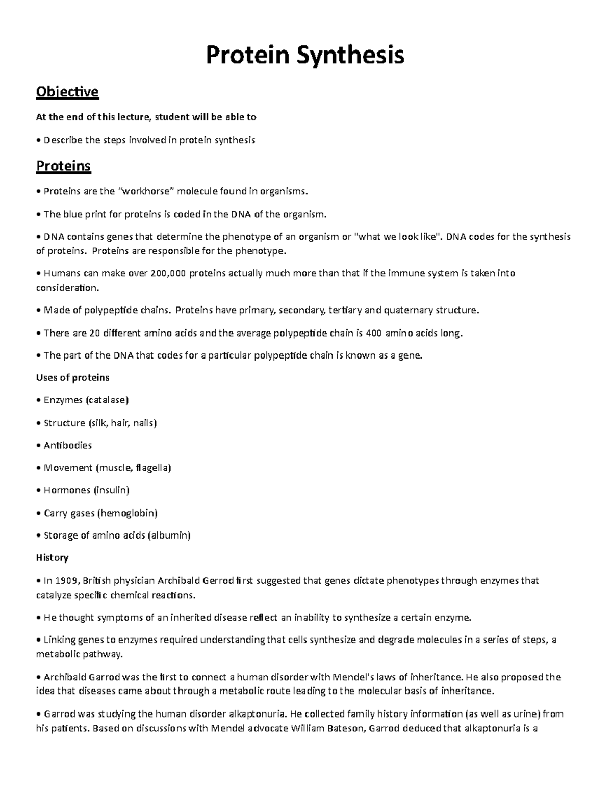 Sem 01 Pharmacy Protein synthesis Objective Protein Synthesis At the