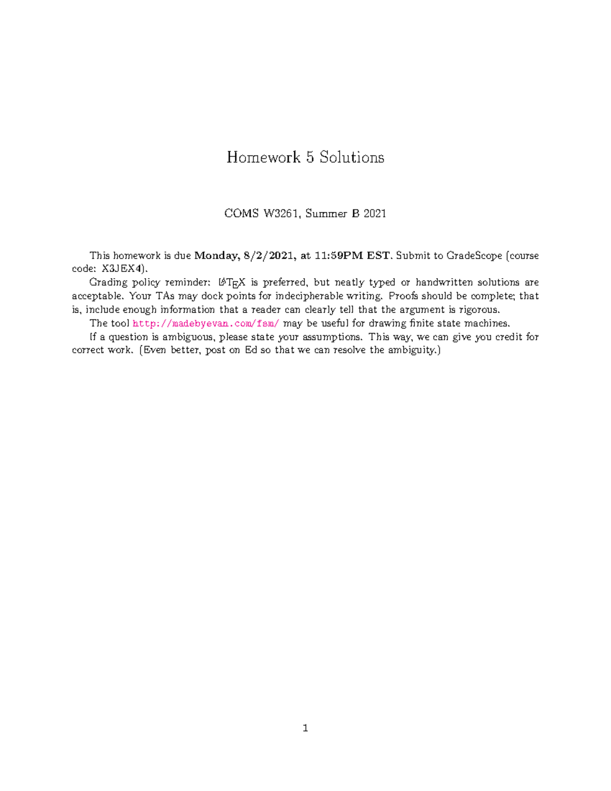 HW5 solutions sum21 - Homework 5 Solutions COMS W3261, Summer B 2021 ...