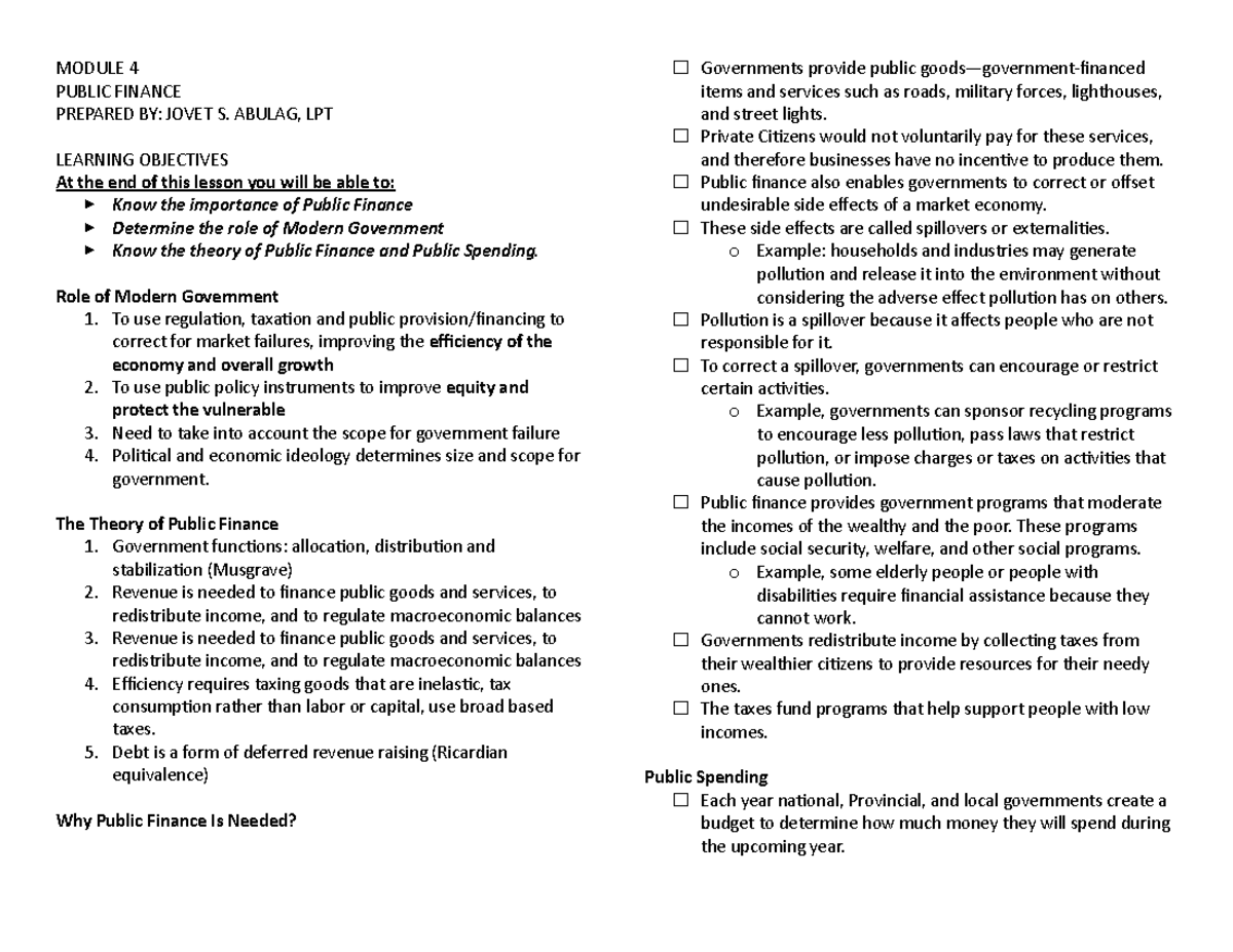 Midterm Notes for Financial Management - MODULE 4 PUBLIC FINANCE ...