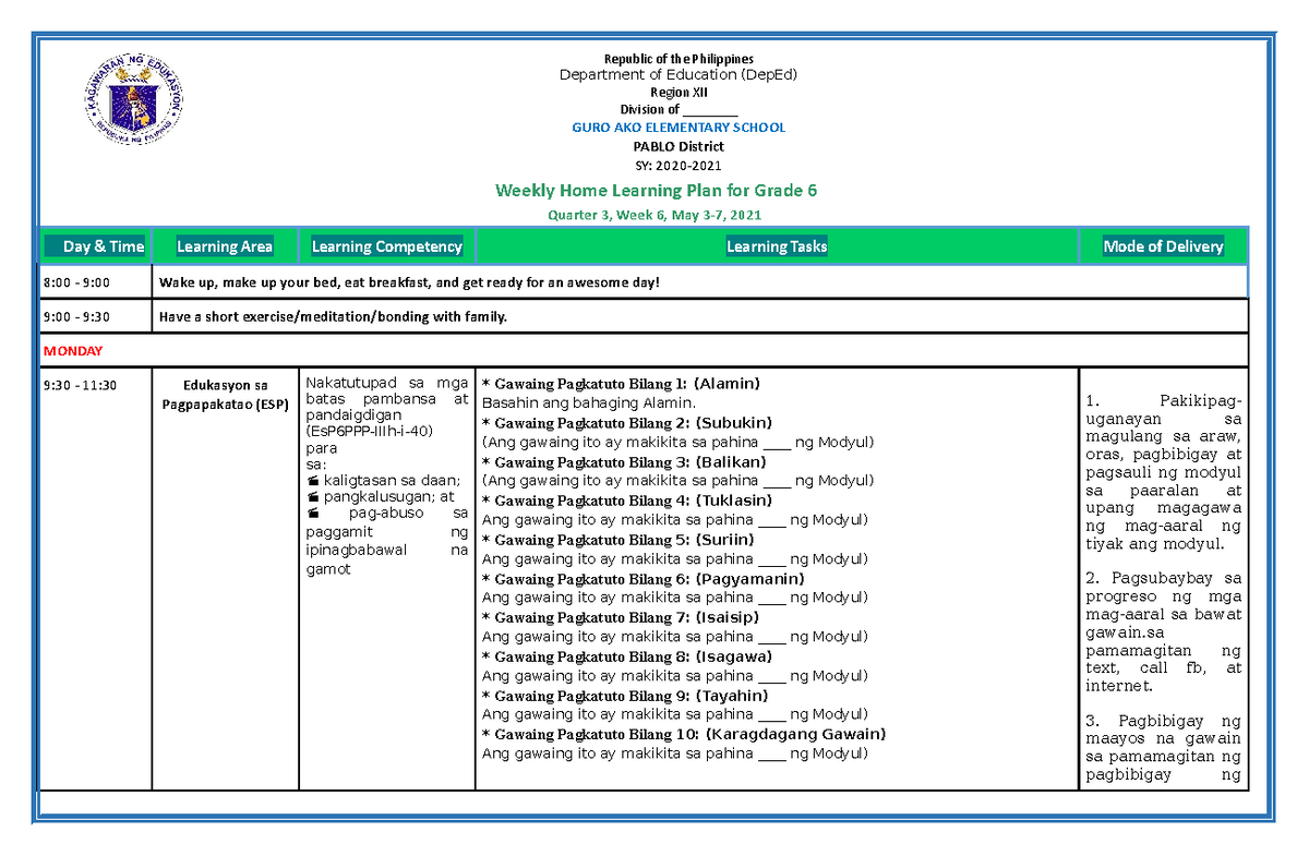 WHLP Grade 6 Q3 W7 - Lesson plan - Weekly Home Learning Plan for Grade ...