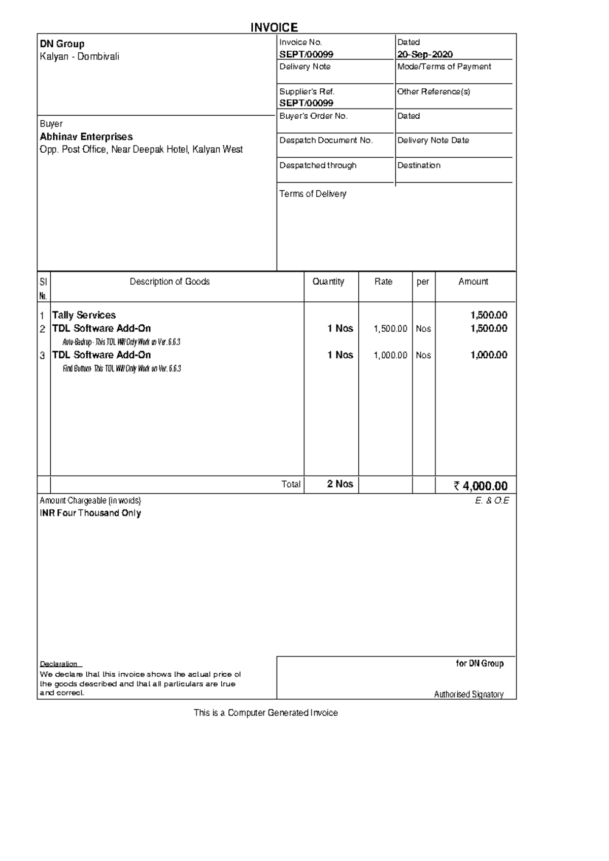 Accounting Voucher - Bill - INVOICE DN Group Kalyan - Dombivali Buyer ...