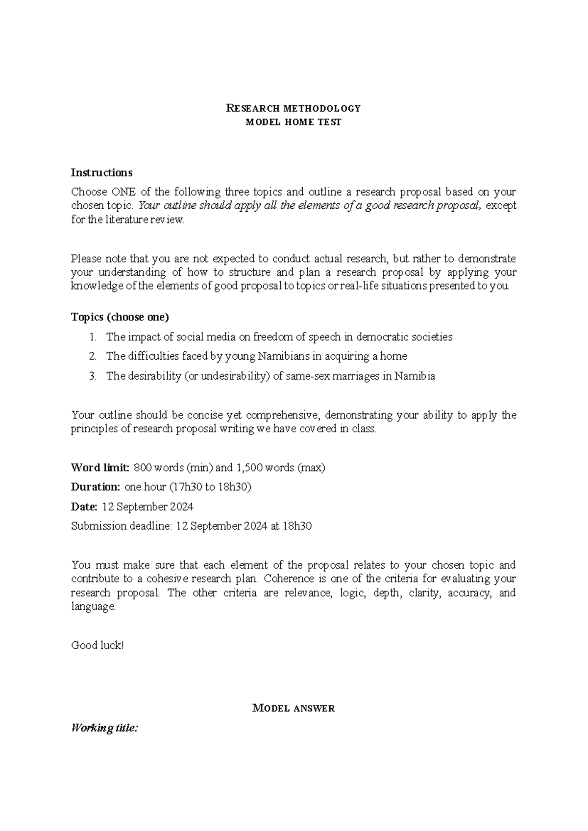 Model question and answer for the home test - RESEARCH METHODOLOGY ...